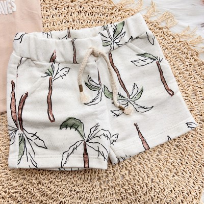 Conj. Camiseta Follow The Waves e Bermuda em Linho Coqueiros Coloridos - Creme